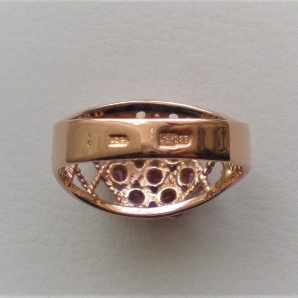 Russian USSR 14K 583 Rose Pink Gold Pink Tourmaline Cluster Basket Weave Ring - Picture 6 of 8